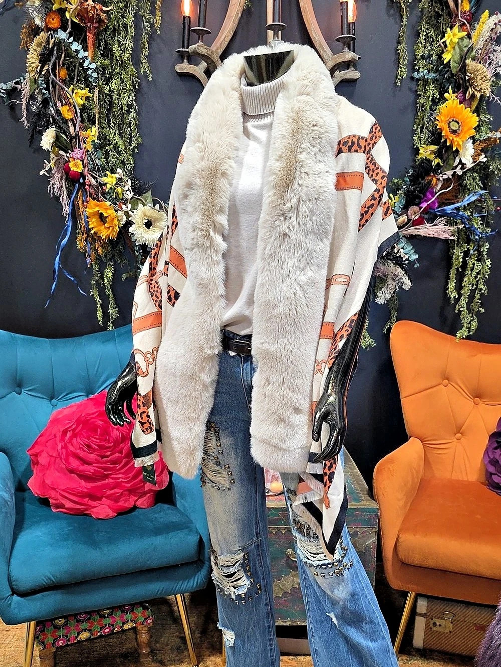 La Fiorentina Faux Fur Trim Chain Print Wrap Scarf